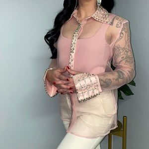 Pink Sheer Long Sleeve Button Down with Pearl and Rhinestone Embellishments